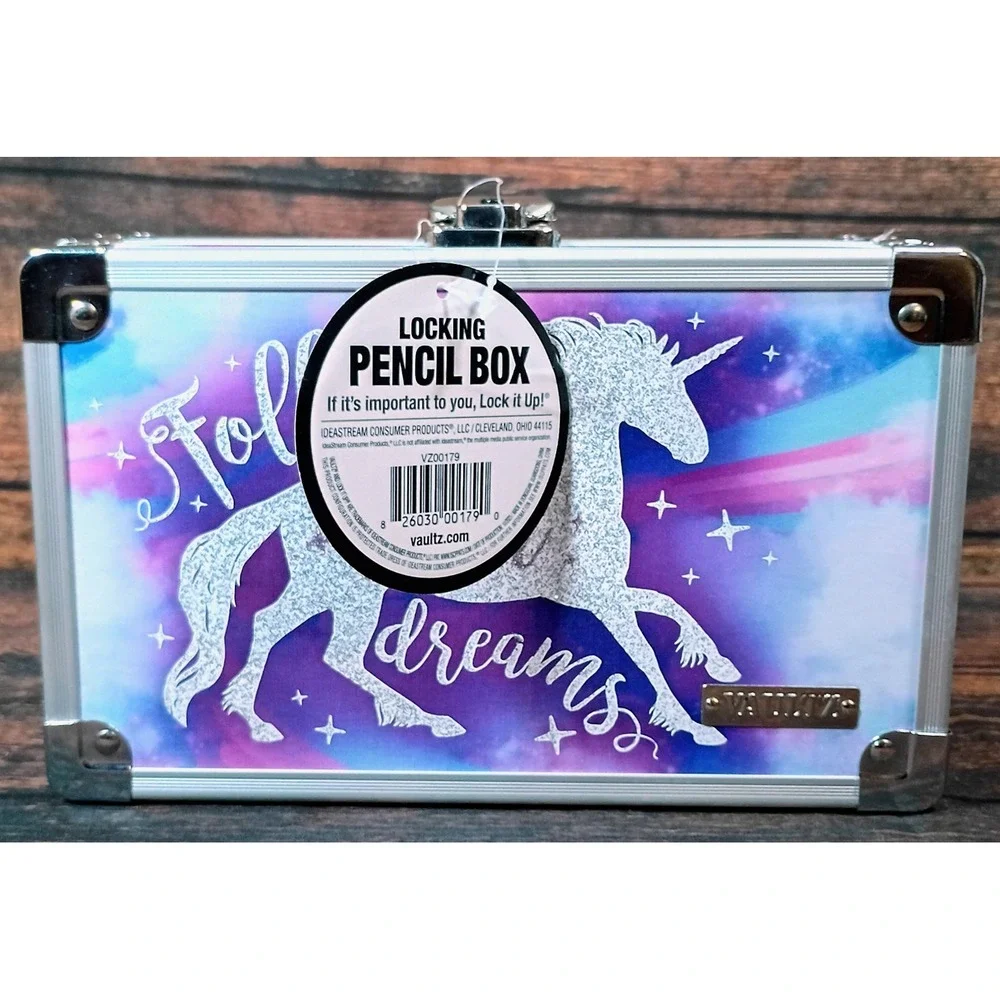 Vaultz Locking Pencil Box Follow Your Dreams Unicorn Purple Blue Silver VZ00179